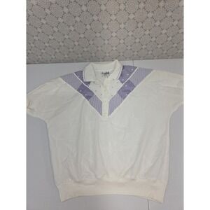 Vintage Teddi Petite Collared Top Purple & White Geometric Short Sleeve‎ Sz PL